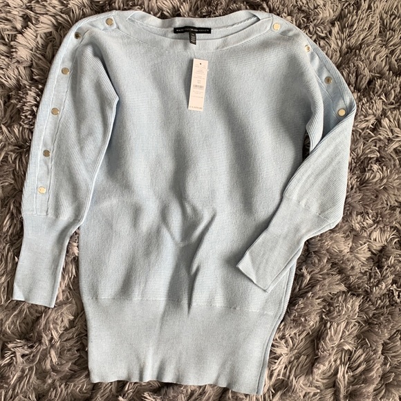 White House Black Market NWT Boat Neck Snap Tunic Sweater Heather Indigo Sz XS - Picture 4 of 7